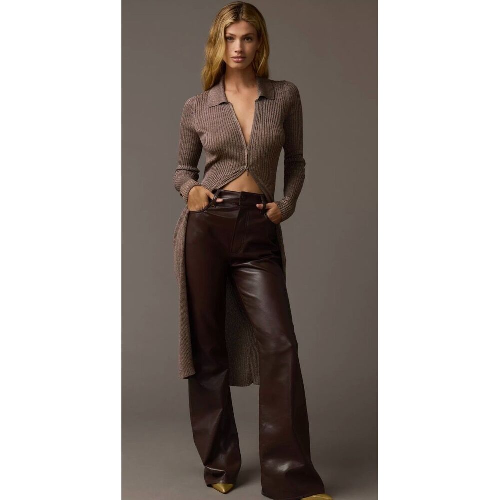 Anthropologie Long Sleeve Shimmery Brown Metallic Front Zip Duster Size Small